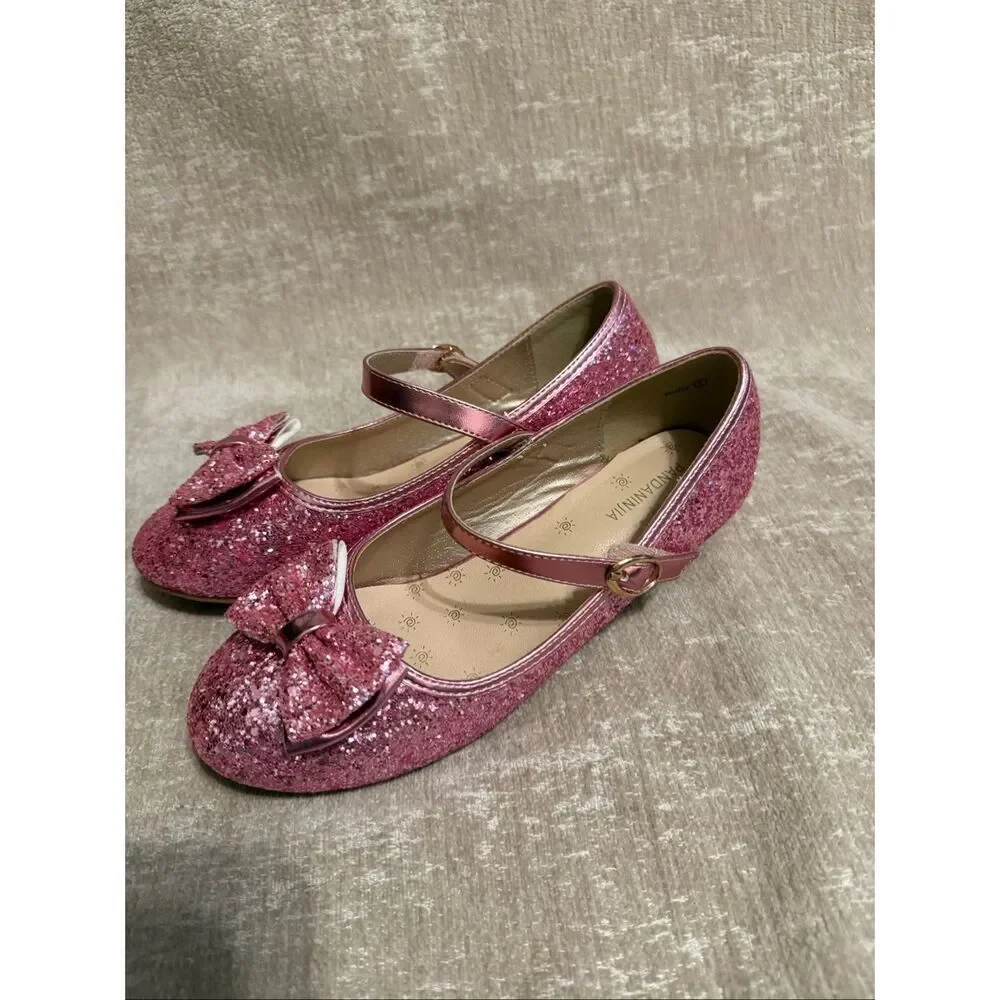 Pandaninja Girls Ruby Glittery Bow Block Heels Mary Jane Dress Shoes Pink Size 5